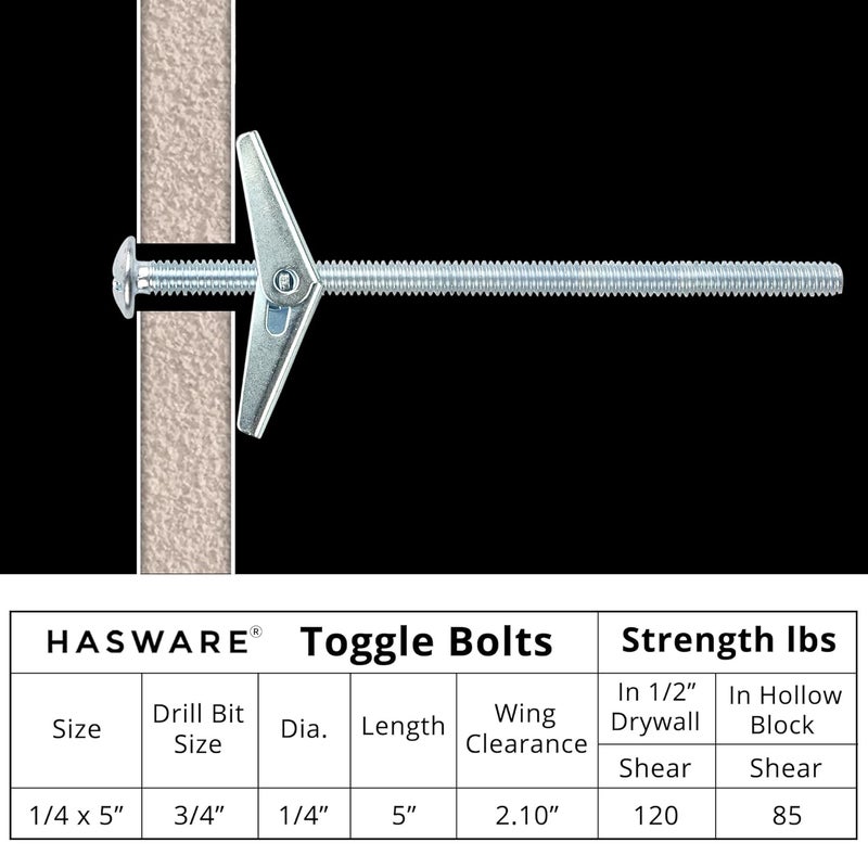HASWARE Toggle Bolt Zinc Plated Steel and Wing Nut for Hanging Heavy Items on Drywall 1/4x5 (8 Pack) - Image 3